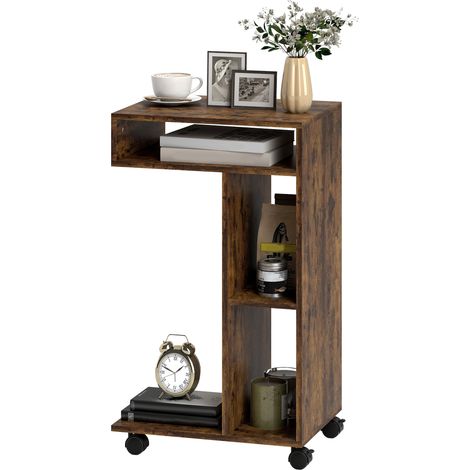 Table d'appoint, desserte en forme de C, 4 roues, 3 compartiments, 40 x 30 x 69 cm, brun rustique