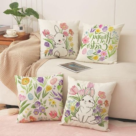 Taies d'oreiller - 45 x 45 cm - Texture lin - Taies d'oreiller décoratives - Taies d'oreiller printanières - Lot de quatre - Motif lapin et fleurs (1/5)
