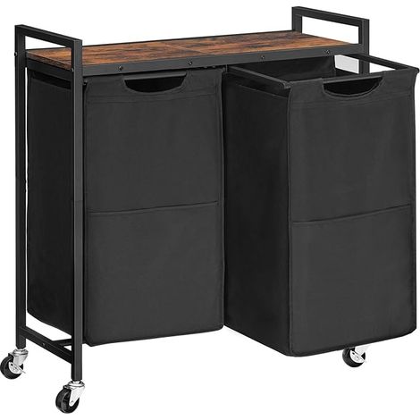 Panier à Linge Corbeille Sale Rangement Compartiments Sacs en Tissu Oxford Amovibles Étagère 70 x 30 77 cm Marron Rustique et Noir EBF72XY01 (1/5)