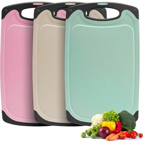 Lot de 3 planches à découper en paille de blé sans BPA avec rainures pour jus, faciles à saisir, trous de suspension, antidérapantes, passent au lave-vaisselle (beige, vert, rose) 35 x 21 cm (1/5)