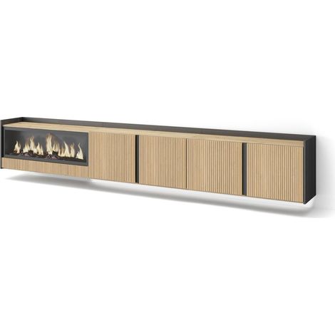 Skraut Home - TV-Schrank, Lowboard, für Wohnzimmer und Esszimmer, 315x50x35 cm, Für TV-Geräte bis zu 80", Elektrokamin XXL, Hängend, Led, Moderner Stil, Eiche Schwarz (1/4)