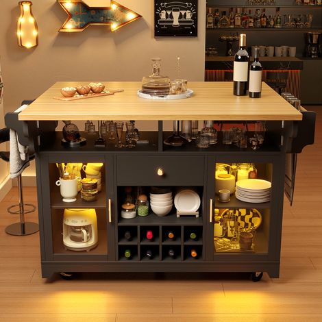 Chariot de service avec éclairage LED RGB, plateau rabattable double face, étagères réglables et casier à vin mobile, hauteur ergonomique de 95 cm, noir (1/5)