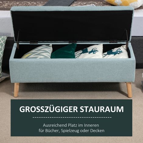 Banc coffre capitonné aspect lin, banquette de rangement avec pieds en bois, coffre à chaussures pour salon, chambre ou entrée, 110 x 39 x 45 cm, vert clair