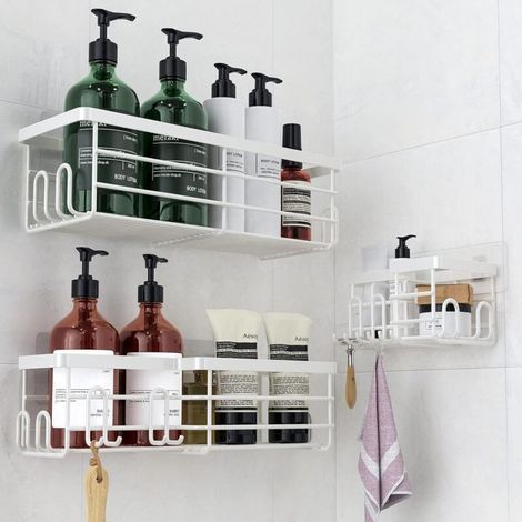 No-Drill Bathroom Shelf - 3-Piece Corner Shampoo/Shower Gel Holder, Rustproof - Large Capacity Bathroom Storage Shelf (Set of 3 White Squares) (1/5)