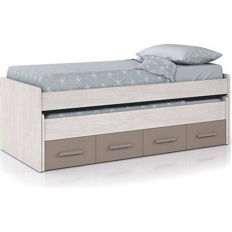 Letto per bambini Cupido, Struttura letto per cameretta, Letto singolo con lettino estraibile e 4 cassettoni, 198x96h69 cm, Bianco e Marrone (1/5)
