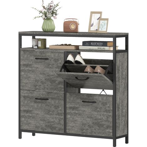 Shoe Storage Cabinet with 4 Flip Drawers Open Shelf - Cement Grey (1/5)