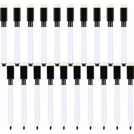 Lot de 20 petits feutres pour tableau blanc - Feutres noirs pour tableau blanc sec avec gomme - Pointe fine - Idéal pour les enfants (Noir) (1/5)