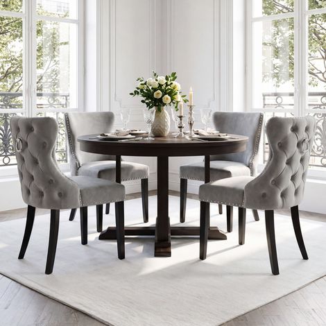 Wahson 4 PZ Sedie Sala da Pranzo in Velluto con Dettagli a Borchie, Sedie Cucina Eleganti con Gambe in Legno, Sedie Imbottite con Schiuma ad Alta Densità per Cucina/Soggiorno, Grigio
