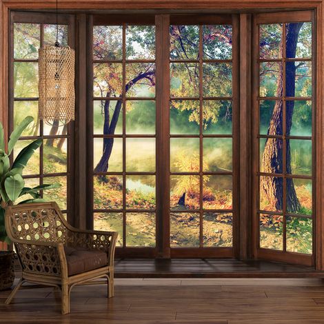 Papier peint panoramique Trompe l'oeil Fenêtre en bois - Forêt - 269 cm x 215 cm (1/5)