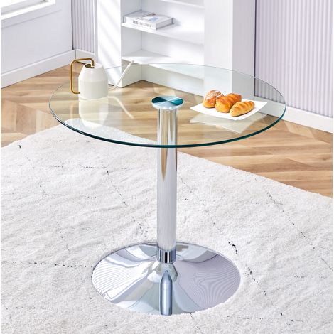 Table de bar ronde 85x76 cm en verre transparent et métal argenté, stable pour petit salon – MEUBLIV (1/5)