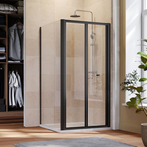 ELEGANT 900mm Black Frame Bi-Fold Shower Door Enclosure Glass Reversible Folding Cubicle with Side Panel, Rectangular SMC Tray and Waste Trap