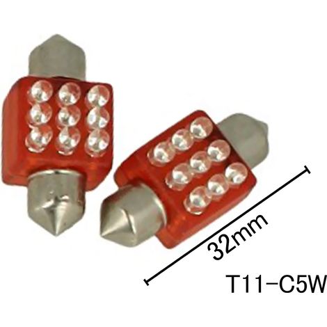 Coppia 2 Lampade Led T11 C5W Siluro 32mm Quadrato Con 9 Led F3 Colore Rosso 12V 0,2W (1/2)