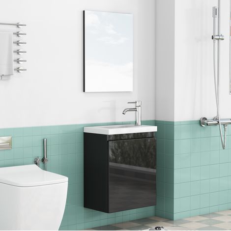 Meuble vasque mural 40 cm en MDF noir brillant, gain de place pour petite salle de bain FloraGrace (1/5)