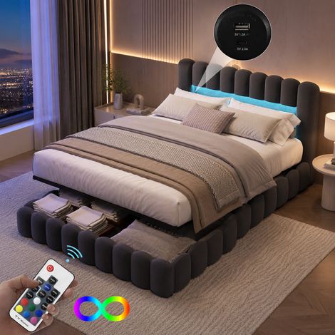 Lit Coffre 160x200 cm avec LED et USB-C, Lit Double avec Tête de Lit Multifonction,Lit avec Sommier avec Coffre de Rangement Hydraulique,Lit Bubble avec Étagères Ouvertes, pour Adultes et Adolescents, (1/5)