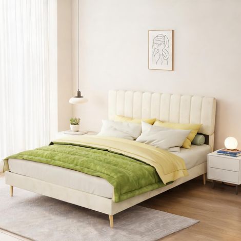 Tête de lit beige en tissu métal 200 x 160 x 133 cm (1/5)
