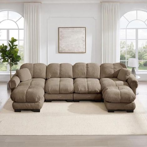 Canapé d'angle 4 places - KOMHTOM - U modulable 4 places - Chenille marron - Matelassé, coussins épais - 2 ottomanes (1/5)