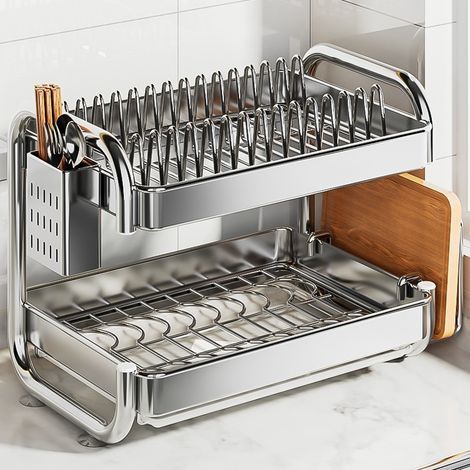 Multifunktionaler, rostfreier Geschirrabtropfkorb mit großem Fassungsvermögen, 2-stufiger Edelstahl-Abtropfkorb für platzsparende Aufbewahrung (1/5)