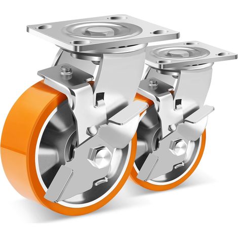 125mm Roulette Charge Lourde avec Frein, Roulettes Pivotantes à Noyau d'Aluminium, Jusqu'à 450KG par unité, Roulettes en Polyuréthane Durable et Solides pour Industrie, Meubles lot de 2 (1/5)