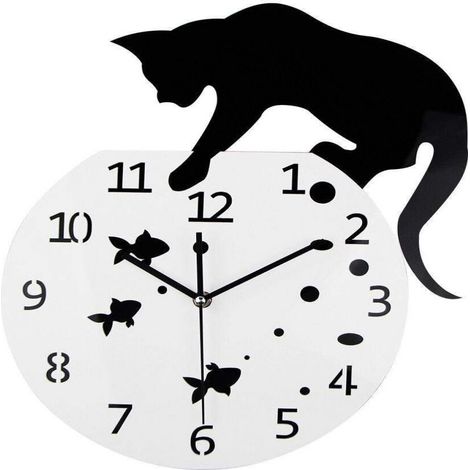 Horloge Murale Acrylique - Cadran Rond avec Motif Chat Noir et Aquarium Blanc - Épaisseur 10 mm - Mécanisme Quartz - Pour Salon Chambre Bureau