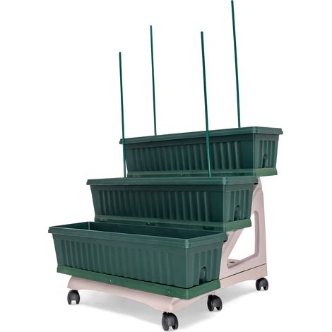 Orto Easy - Kit di 3 fioriere da 80 cm con sottovaso e carrello a 3 livelli per composizioni o orto verticale. Pratico da spostare. Colore verde. Made in Italy