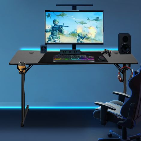 Randaco Scrivania da gioco 140 x 60 cm, scrivania da gioco con tappetino per mouse, tavolo da gioco per PC in fibra di carbonio con gancio per cuffie, Modello base
