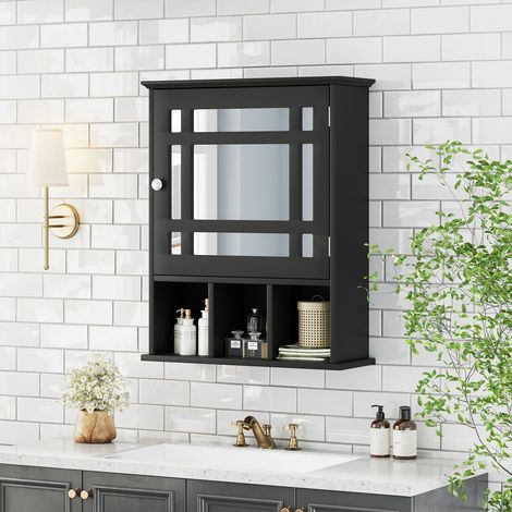 COSTWAY Wall-mounted Bathroom Cabinet Storage Organizer w/Mirror Doors-Black (1/5)