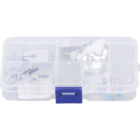 Lot de 11 pieds-de-biche en acier inoxydable réutilisables, compatibles machines à coudre domestiques et industrielles, fixation à encliquetage, boîte colorée. (1/5)