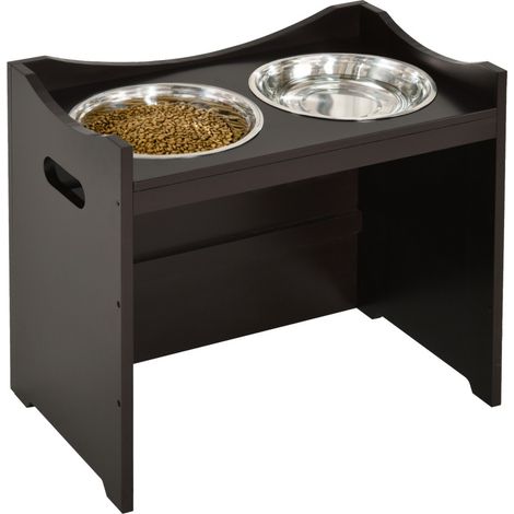 Gamelle et écuelle réglable en hauteur pour chien et chat avec support MDF et bol inox couleur marron foncé dimensions 54x31 5x47cm (1/5)