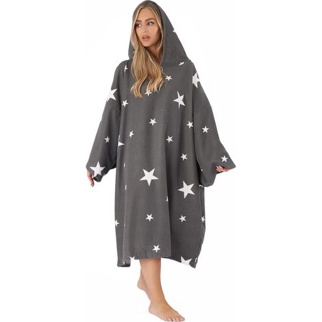 Dreamscene Star Poncho Asciugamano Adulto Con Cappuccio Oversize Bagno Spiaggia Surf In Microfibra Assorbente Ad Asciugatura Rapida Donna Vestaglia Cambio, Grigio. (1/3)