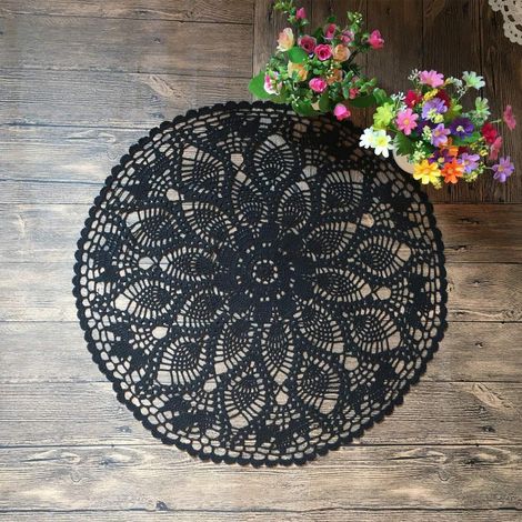 Tapis crocheté 60 cm rond coton noir fait main vintage nappe