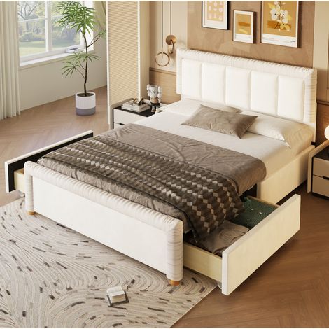 Doppelbett 140x200 cm, französischer Samt beige, 2 Schubladen, ohne Matratze – MEUBLIV (1/5)