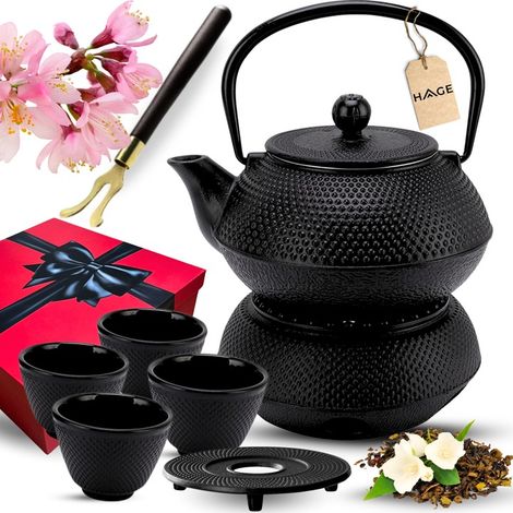 Schwarzer Gusseisenkrug, 900 ml, mit Heizelement und Tassen (Geschenk) (1/5)