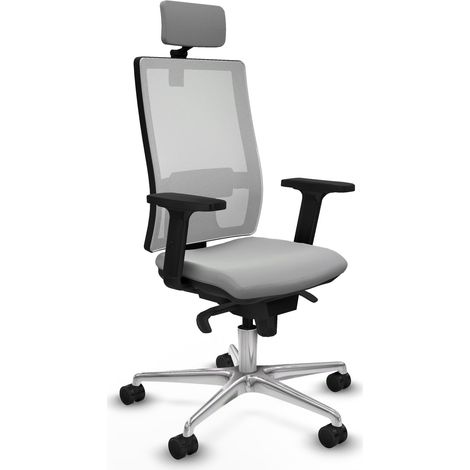 Horna sincro malla blanca similpiel gris claro brazos 2D base aluminio cabecero 2D ruedas 65mm nailon (1/5)