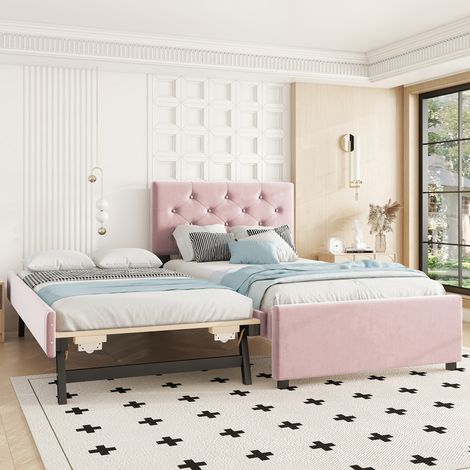 Cama individual 90x200cm Cajón extraíble Diseño capitoné Tapizado terciopelo color rosa (Sin colchón) (1/5)