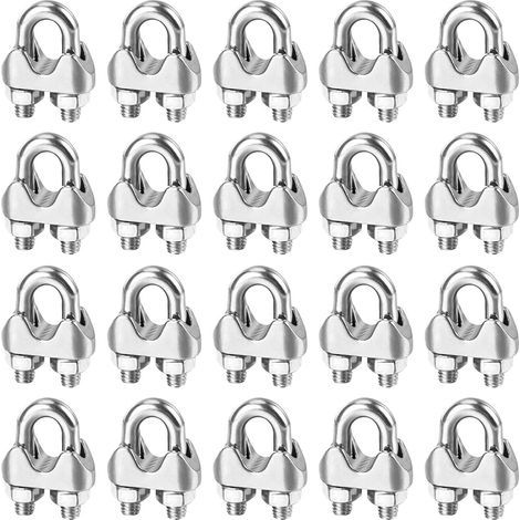 Serre Cable Acier M6 Serre-Câbles Métallique,U Boulon Clip de Câble Métalliques,20 Pièces Serre Cable Inox 6mm,Argent Serre-Câble Rotatif Fixation de Selle pour Clôtures de Jardin,Corde à Linge (1/5)