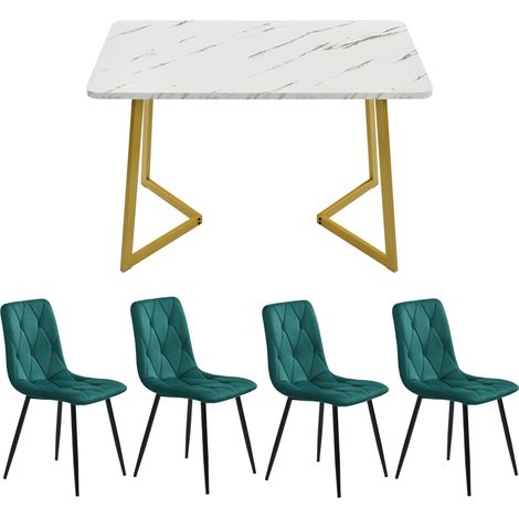 Ensemble Table à Manger 117x68 Cm: Table Mdf Marbre + 4 Chaises Velours Vert, Pieds Métal Doré (1/5)