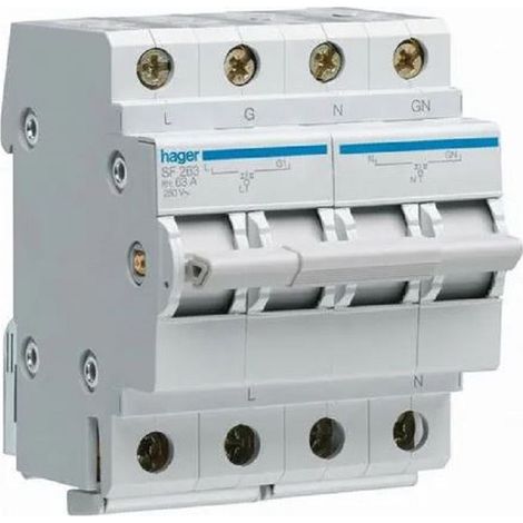 Hager – Inverseur de source monophasé 63A – 2 pôles – Tension AC 230V – Intensité max 63A – Aptitude au sectionnement