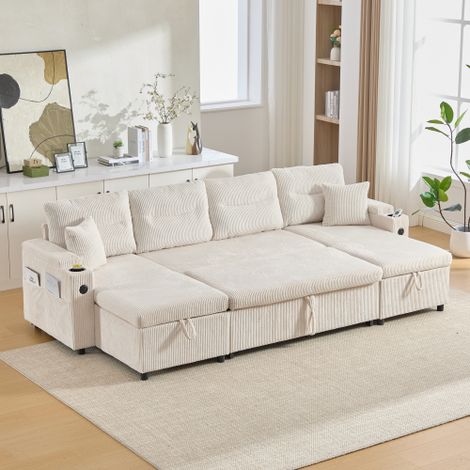 Sofá cama de 4 plazas, beige, tela acanalada, con doble chaise longue, espacio de almacenamiento, puerto USB-C y función de cama supletoria, 272 x 136 x 86 cm (1/5)