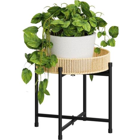 Étagère ronde pour plantes en rotin tressé à la main, table basse pour petits espaces, support de fleurs élégant pour terrasse, balcon (1/5)