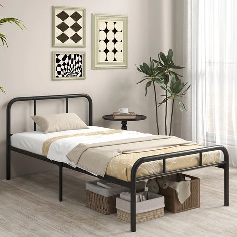 Lit simple plateforme en métal noir avec tête et pied de lit, lattes robustes et silencieuses, sans sommier pour chambre et studio (1/5)