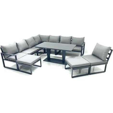 Fimous 10 Seater Outdoor Aluminum Garden Furniture Set Corner Sofa 2 Big Footstools Rising Lifting Dining Table Sets Dark Grey (1/5)