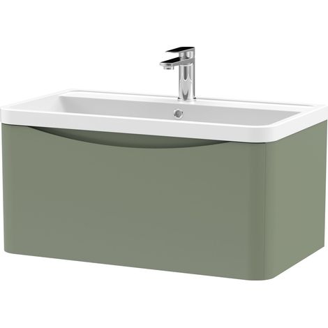 Balterley Dunwood Bathroom Wall Hung 1 Drawer Vanity Unit & Polymarble Basin, Satin Green, 800mm (1/3)