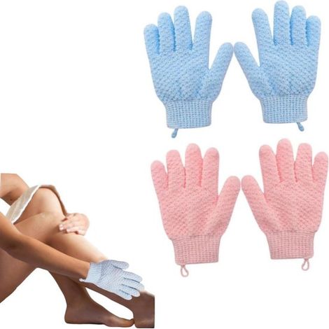 2er-Packung Peeling- und Reinigungshandschuhe, Badehandschuhe, zum Aufhängen, blau-rosa, 12 x 19,5 cm, geeignet für Körper und Gesicht (1/5)