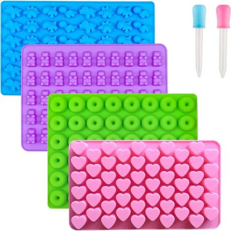 Set mit 4 Silikon-Gummibärchenformen, antihaftbeschichtet, BPA-frei, inklusive Pipetten. Ideal für die Herstellung von selbstgemachten Herzen, Bären, Dinosauriern und Krapfen. (1/5)