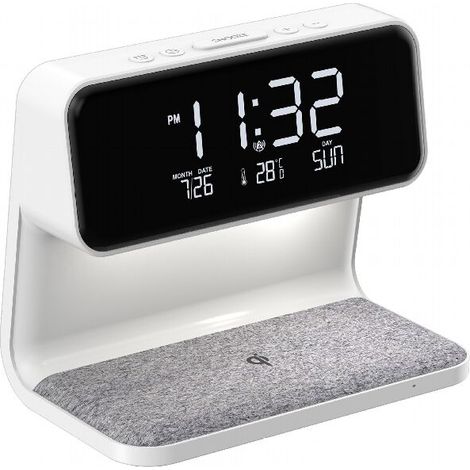 Lampe de chevet avec réveil, intensité réglable et chargeur sans fil intégré – pour chambre, salon ou bureau (1/3)