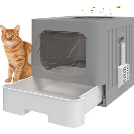 Faltbare Katzentoilette, Größe M, mit Netzdeckel, abnehmbarem Tablett, Schaufel, seitlichem Haken, leicht zu reinigen, wasserdicht, grau (1/5)