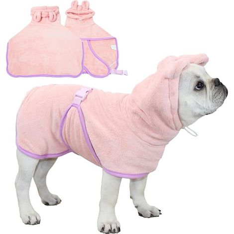 Peignoir pour Chien et Chat - Serviette de Bain à Capuche - Col réglable et Sangle Ventrale pour Piscine et Plage (Rose, M) (1/5)