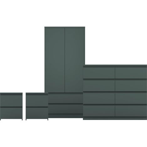 Denver 4 Piece Bedroom Set (2 Drw Bedside Chest, 8 Drw Chest, 2 Door 2 Drw Wardrobe), Green (1/4)