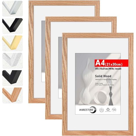 3x Bilderrahmen A4 Massivholz Eiche Natur mit Passepartout für A5 (1/5)