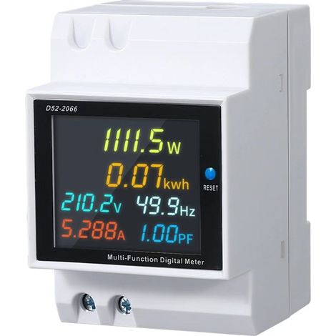 Compteur électrique domestique multifonctionnel à affichage numérique D52-2066 pour rail DIN, permettant la mesure de la puissance et de la tension. (1/4)